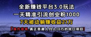 全新赚钱平台3.0玩法一天精准引流创业粉1000.7天被动躺Z收益21W【仅揭秘】-网创论坛