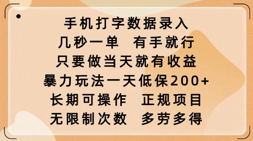 手机打字数据录入，几秒一单，有手就行，只要做当天就有收益，暴力玩法一天低保2张-网创论坛