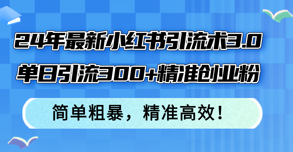 24年最新小红书引流术3.0，单日引流300+精准创业粉，简单粗暴，精准高效！-网创论坛
