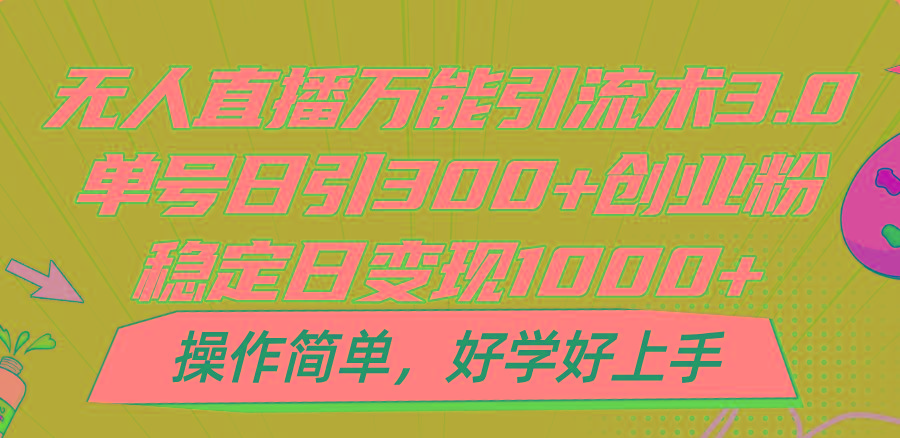 无人直播万能引流术3.0，单号日引300+创业粉，稳定日变现1000+，操作简单-网创论坛