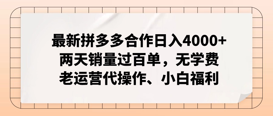 拼多多最新合作日入4000+两天销量过百单，无学费、老运营代操作、小白福利-网创论坛