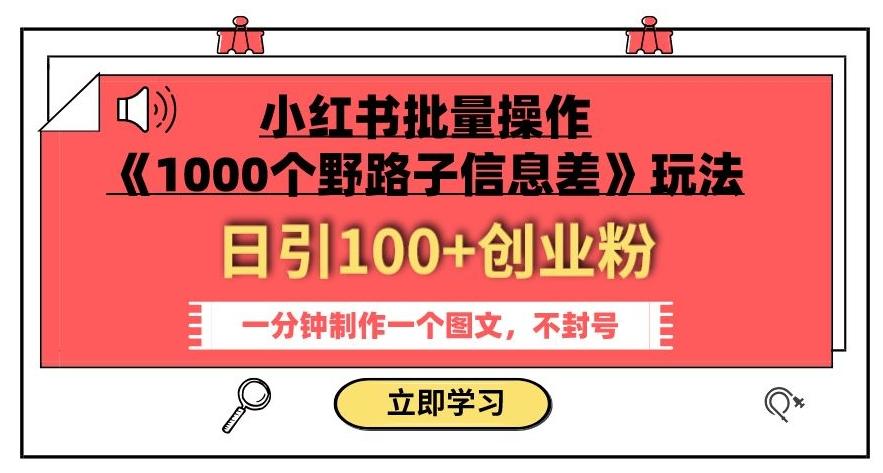 小红书批量操作《1000个野路子信息差》玩法，一分钟制作一个图文，不封号，日引100+创业粉-网创论坛