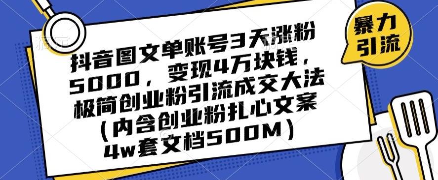 抖音图文单账号3天涨粉5000，变现4万块钱，极简创业粉引流成交大法-网创论坛