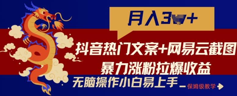 抖音热门文案+网易云截图暴力涨粉拉爆收益玩法，小白无脑操作，简单易上手【揭秘】-网创论坛