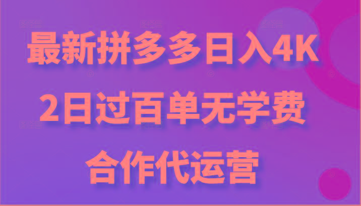 最新拼多多，日入4K+，2日过百单无学费，合作代运营-网创论坛